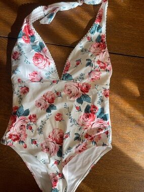 Floral Halter One-Piece Swimsuit - White with Pink Rose Print